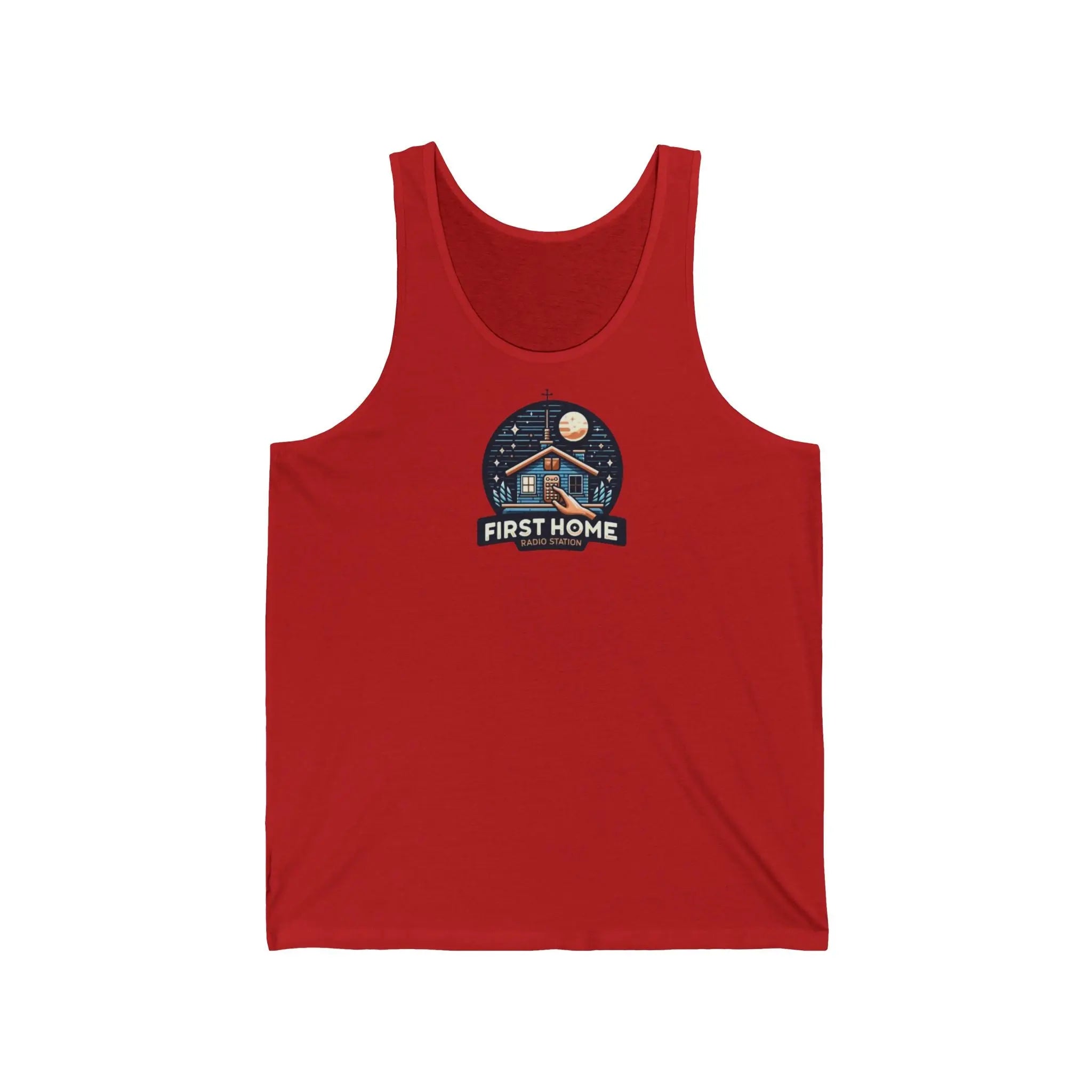 Cozy Unisex Tank Top with 'First Home Radio' Design, Summer Beachwear, Housewarming Gift, Casual Summer Top, Perfect for New Homeowners