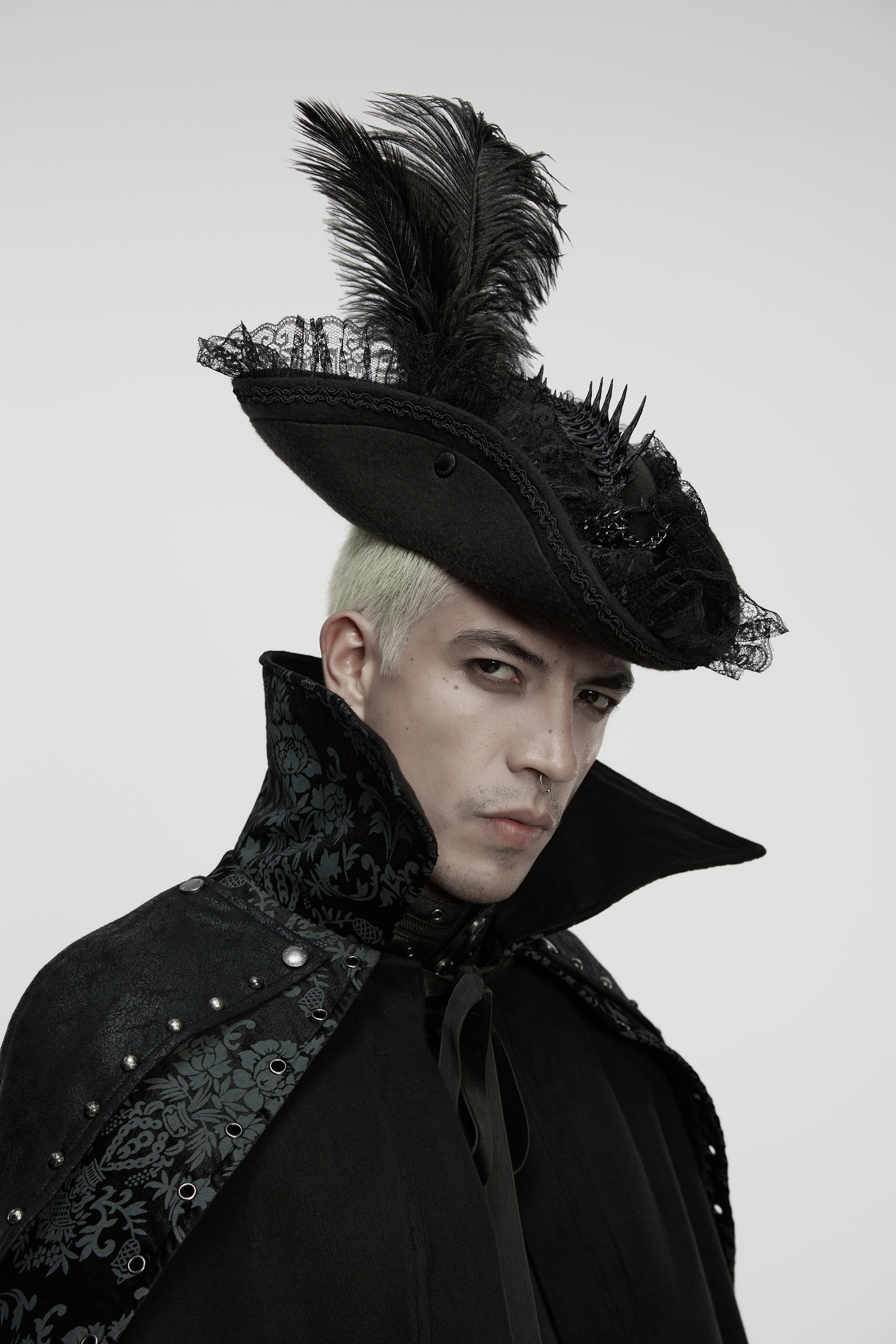 Punk Rave Goth Imprisoned Beast Bone Pirate Hat – Black Lace & Feather
