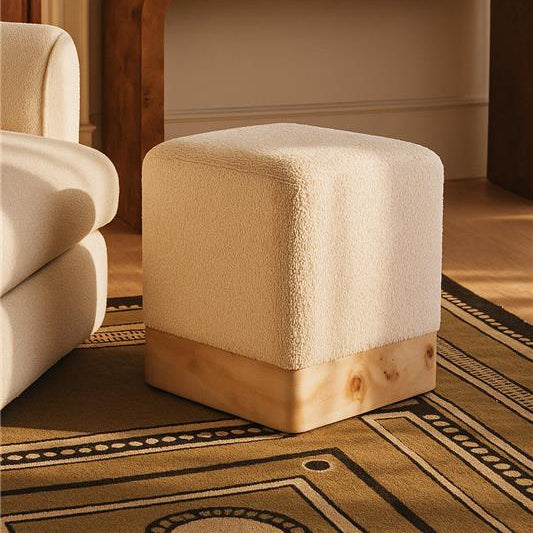 Orsina Mota Square Stool – Cream Boucle and Burl Wood Accent Ottoman