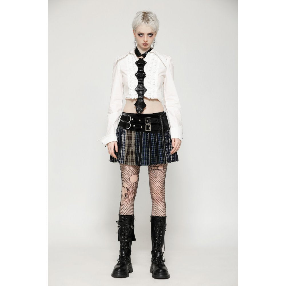 Dark in Love Sage Plaid Patchwork Pleated Mini Skirt with Leather Waist
