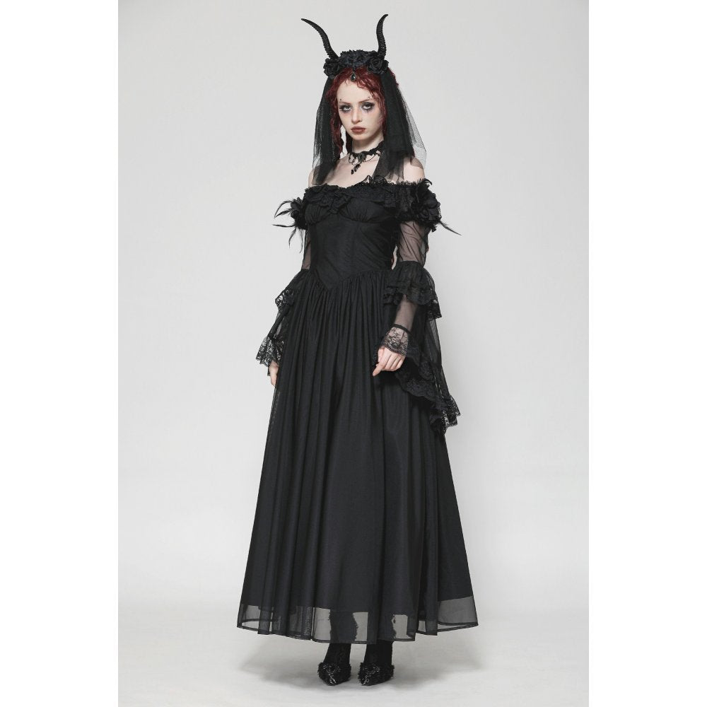Dark in Love Millicent Black Tulle Feather Gothic Dress with Lace