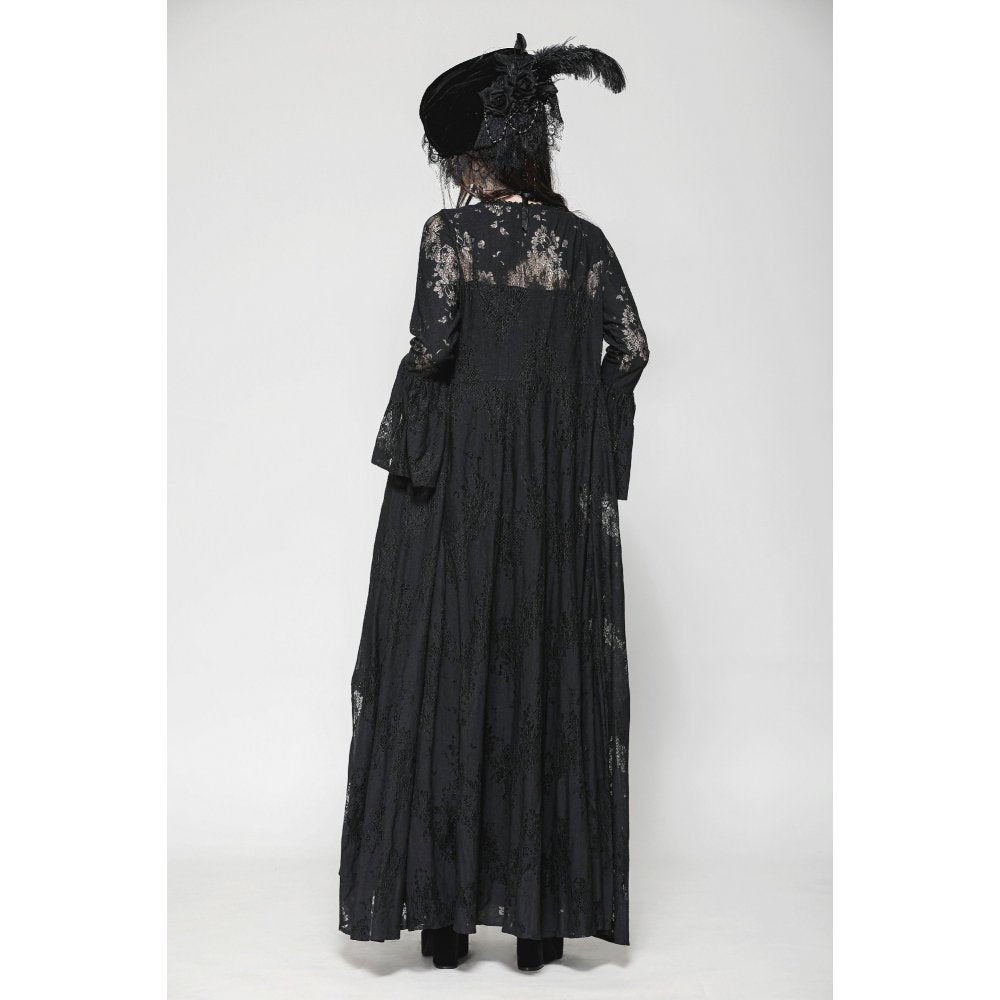 Dark in Love Emersyn Gothic Long Robe – Floral Lace Bell Sleeve