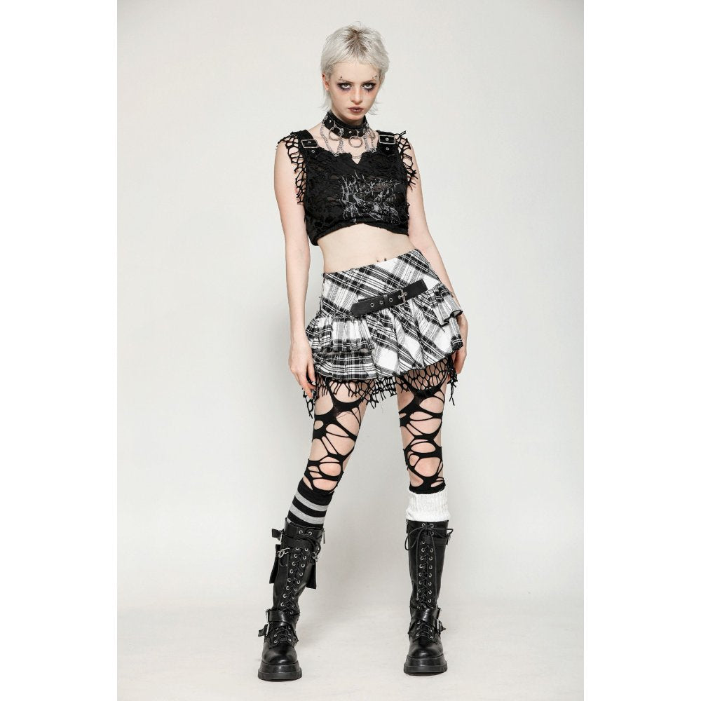 Dark in Love Quinn Punk Checkered Asymmetrical Net Skirt – Black/White