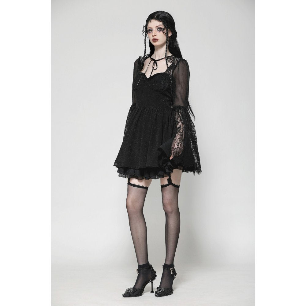 Dark in Love Greta Gothic Lace-Up Mesh Dress – Black Bell Sleeve