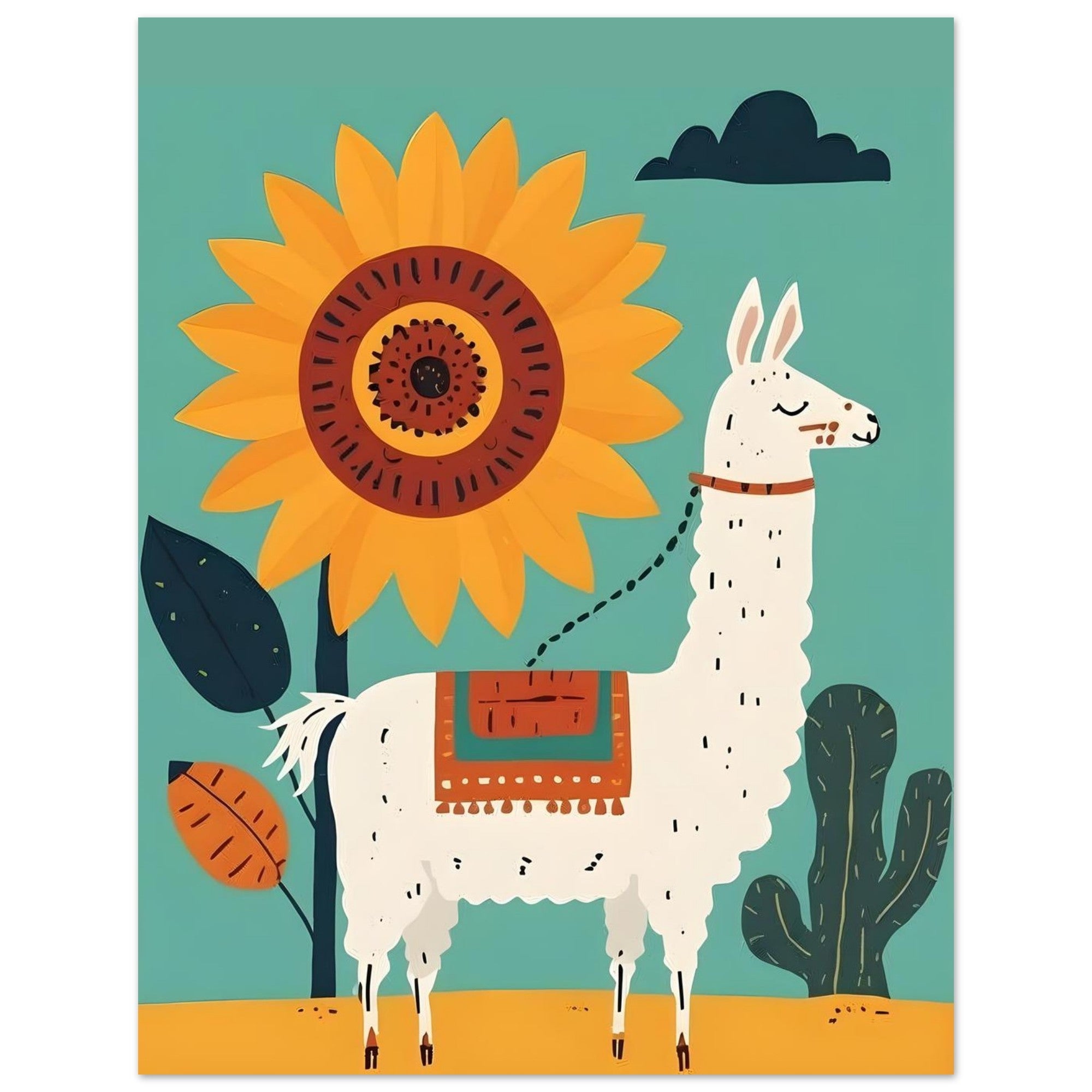 Whimsical Llama Folk Art Poster - Boho Wall Decor - Modern Mid-Century Colors