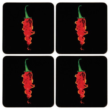 Orsina Cork Drink Coasters – Set of 4 Black and Red Chilli Coasters