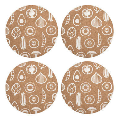 Orsina Besa Round Cork Placemats – Set of 4 with White Vegetable Print