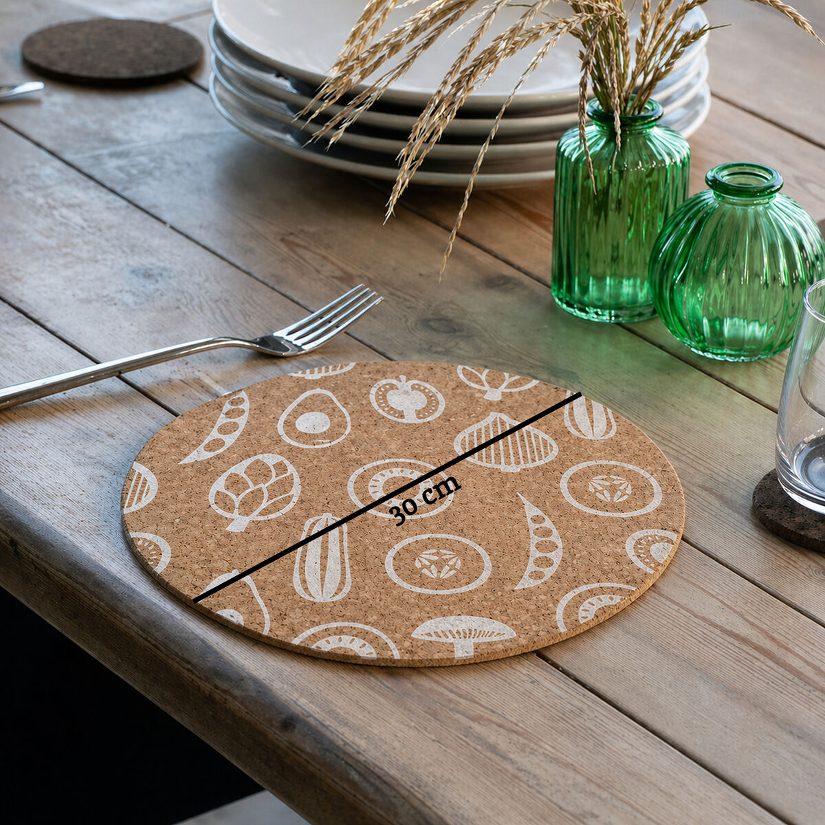 Orsina Besa Round Cork Placemats – Set of 4 with White Vegetable Print