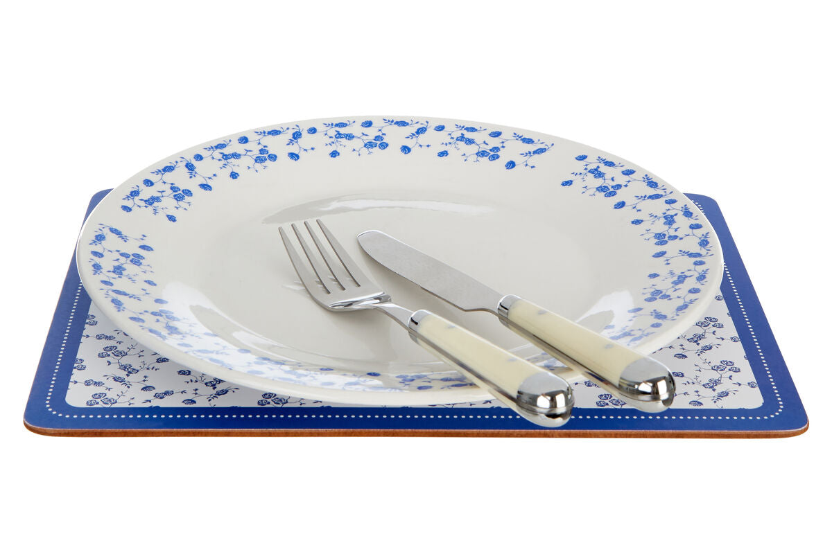 Orsina Blue Rose Cork Placemats | Heat-Resistant Floral Set of 4