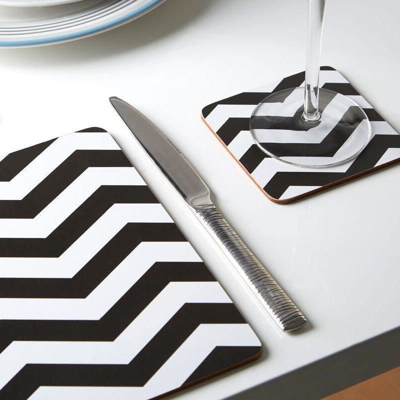 Orsina Chevron Coasters – Set of 4 Black and White Monochrome Decor