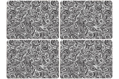 Orsina Paisley Cork Placemats – Black and White Table Mats, Set of 4