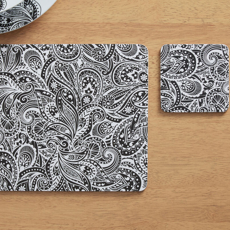 Orsina Paisley Cork Placemats – Black and White Table Mats, Set of 4