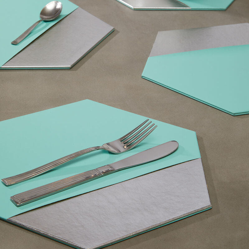 Orsina Geome Hexagon Placemats - Set of 4 Jade and Silver Leather Effect