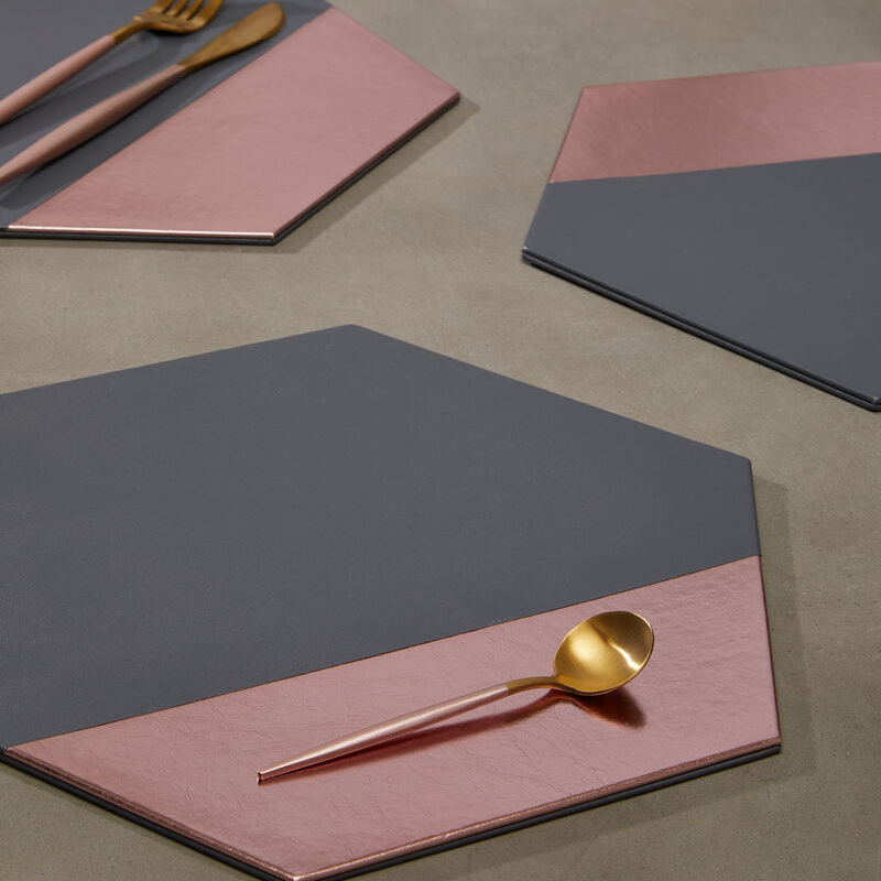Orsina Geome Hexagon Placemats – Grey & Rose Gold Leather Effect Set of 4