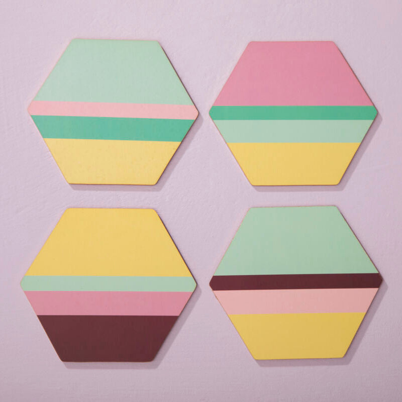 Orsina Mimo Hexagonal Cork Coasters - Miami Striped Gold Foil - Set of 4