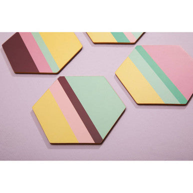 Orsina Mimo Hexagonal Cork Coasters - Miami Striped Gold Foil - Set of 4