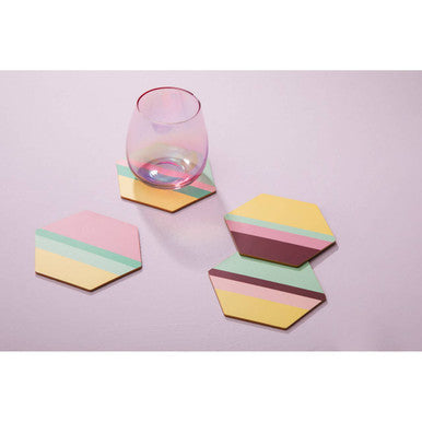 Orsina Mimo Hexagonal Cork Coasters - Miami Striped Gold Foil - Set of 4