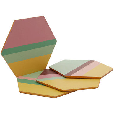 Orsina Mimo Hexagonal Cork Coasters - Miami Striped Gold Foil - Set of 4