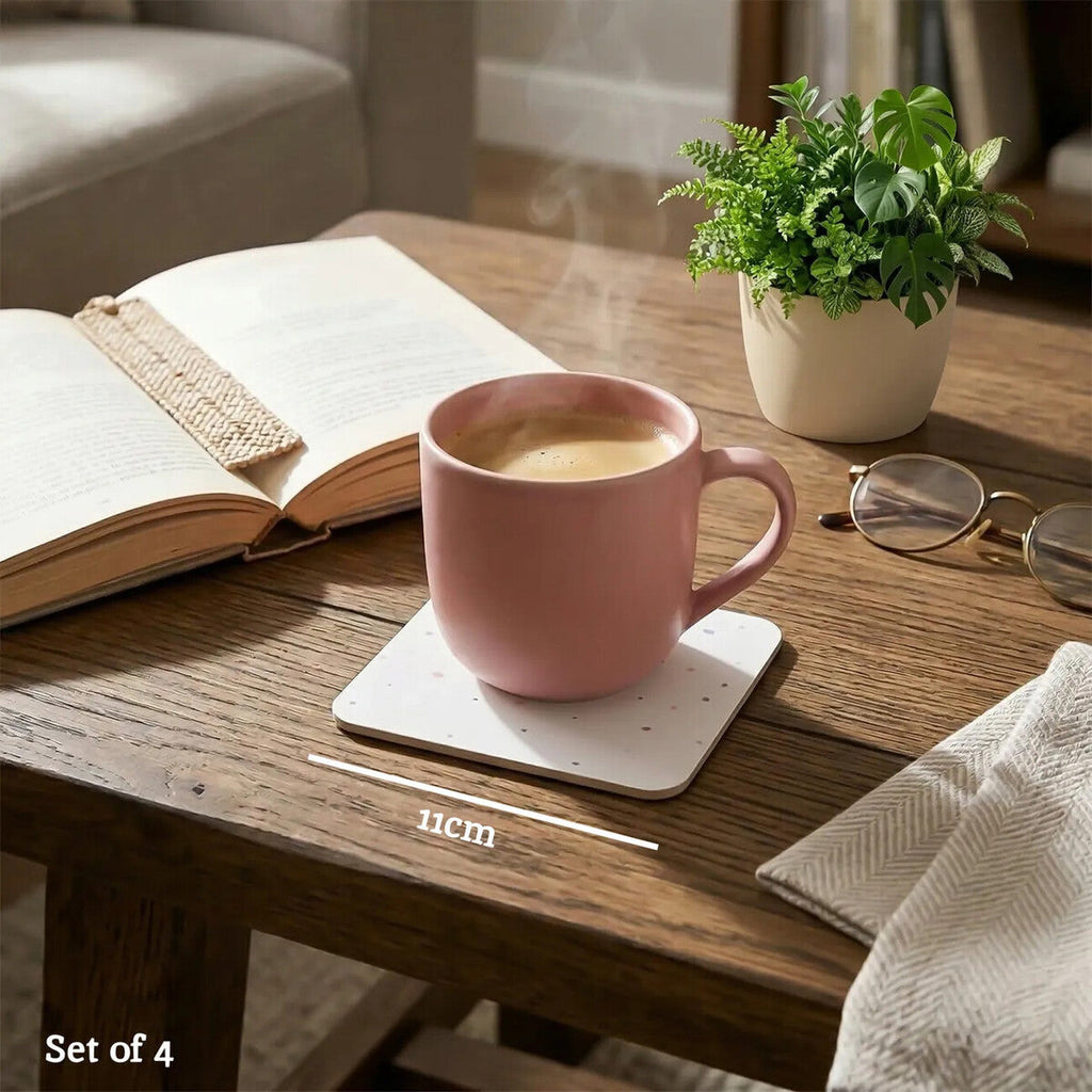 Orsina Speckled Square Coasters – Set of 4 White Minimalist Table Protectors