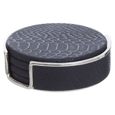 Orsina Mixology Black Leather-Effect Coasters with Silver Holder – Set of 4