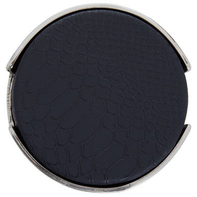 Orsina Mixology Black Leather-Effect Coasters with Silver Holder – Set of 4