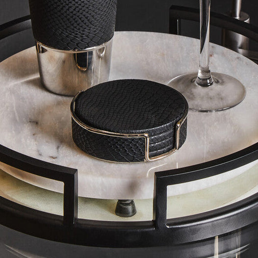 Orsina Mixology Black Leather-Effect Coasters with Silver Holder – Set of 4