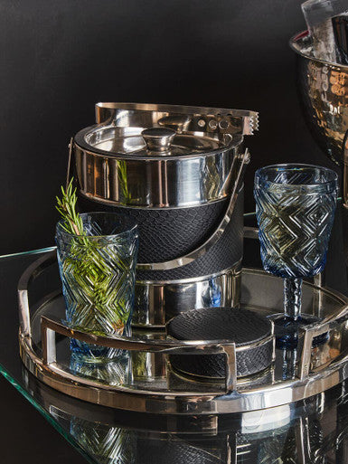 Orsina Mixology Black Leather-Effect Coasters with Silver Holder – Set of 4