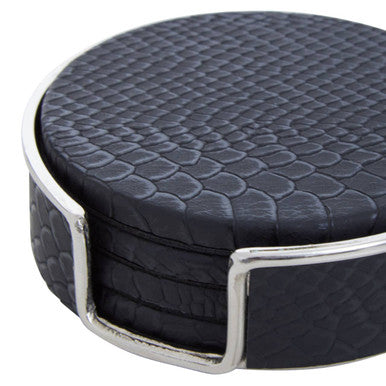 Orsina Mixology Black Leather-Effect Coasters with Silver Holder – Set of 4