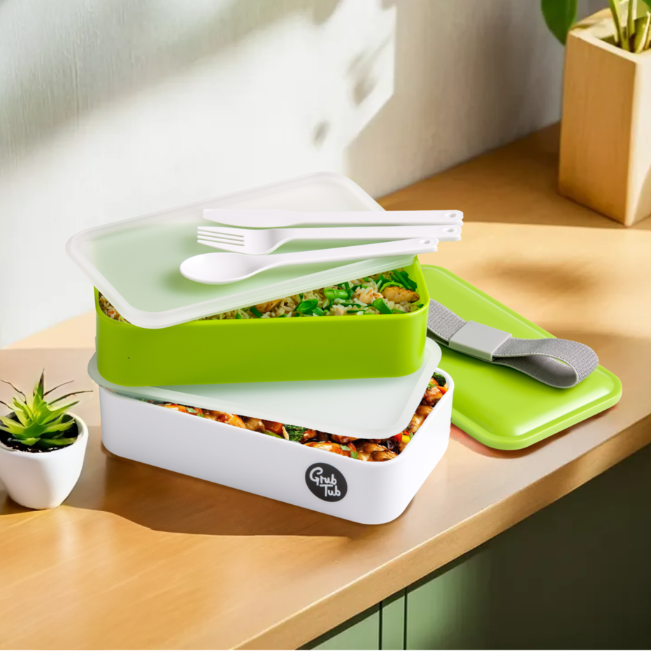 Orsina Stackable Lunch Box with Cutlery – Green and White Plastic