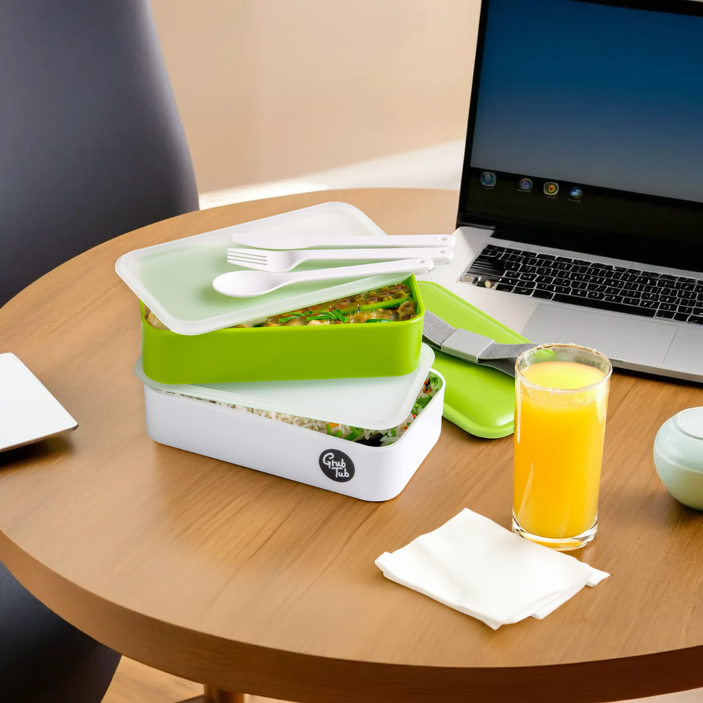 Orsina Stackable Lunch Box with Cutlery – Green and White Plastic