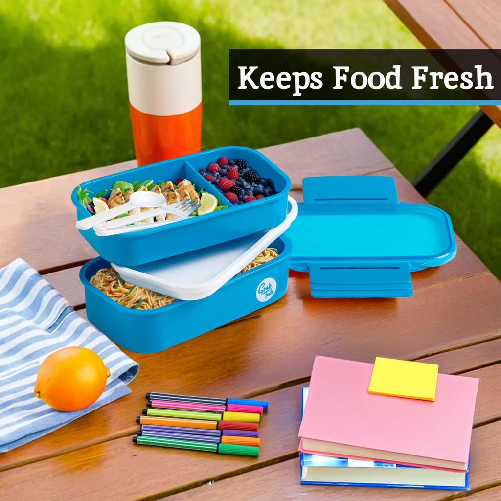 Orsina Blue 2-Tier Lunch Box with Cutlery – Portable Bento Container