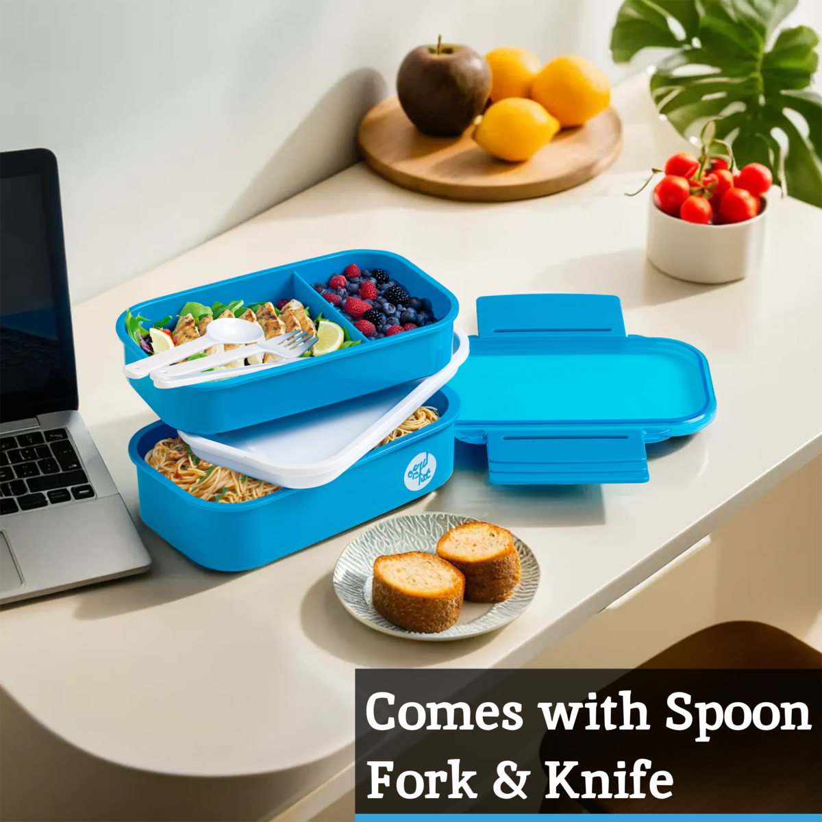 Orsina Blue 2-Tier Lunch Box with Cutlery – Portable Bento Container