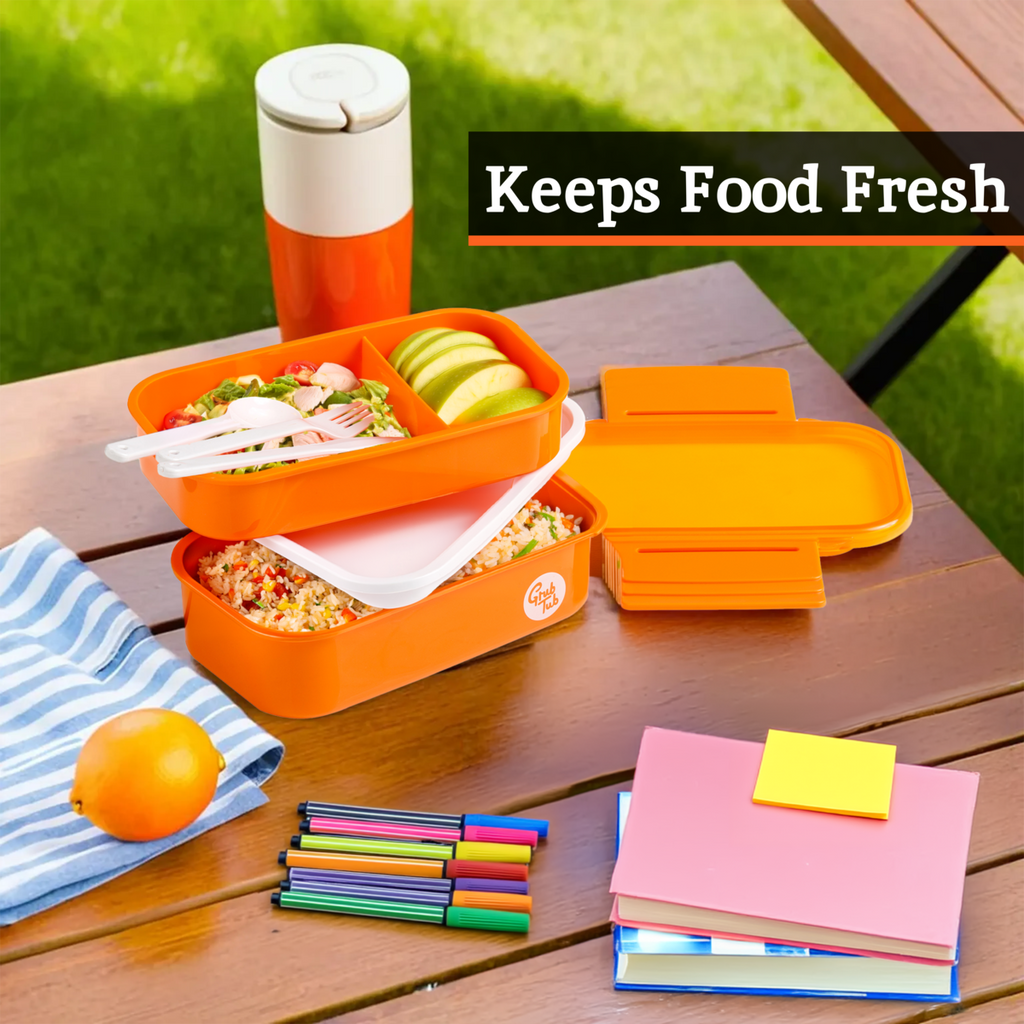Orsina Grub Tub 2-Tier Lunch Box with Cutlery Set - Orange Plastic