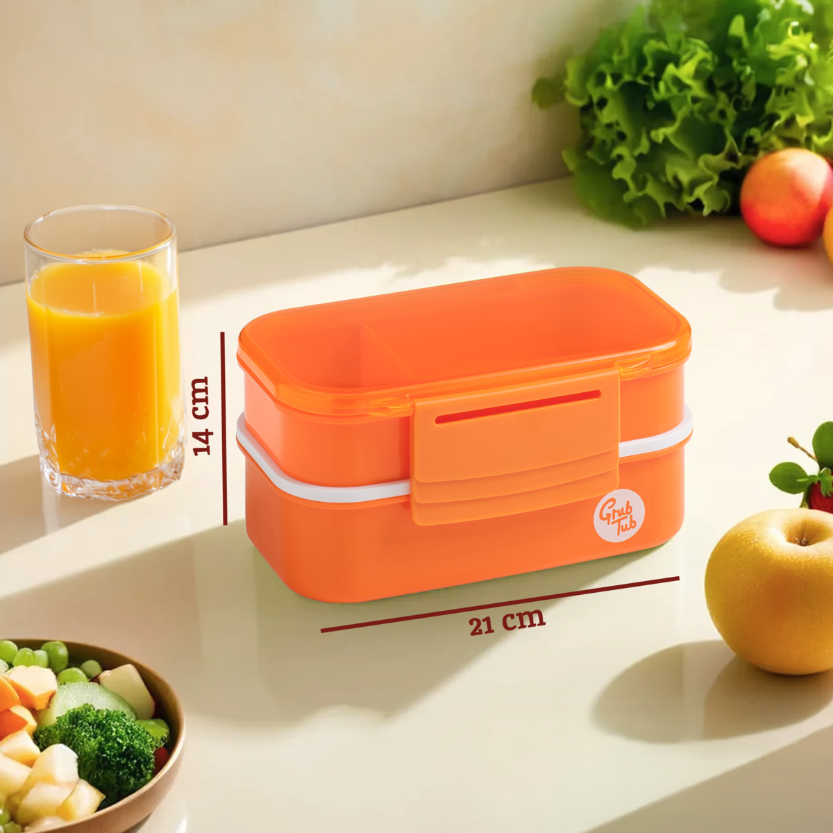 Orsina Grub Tub 2-Tier Lunch Box with Cutlery Set - Orange Plastic