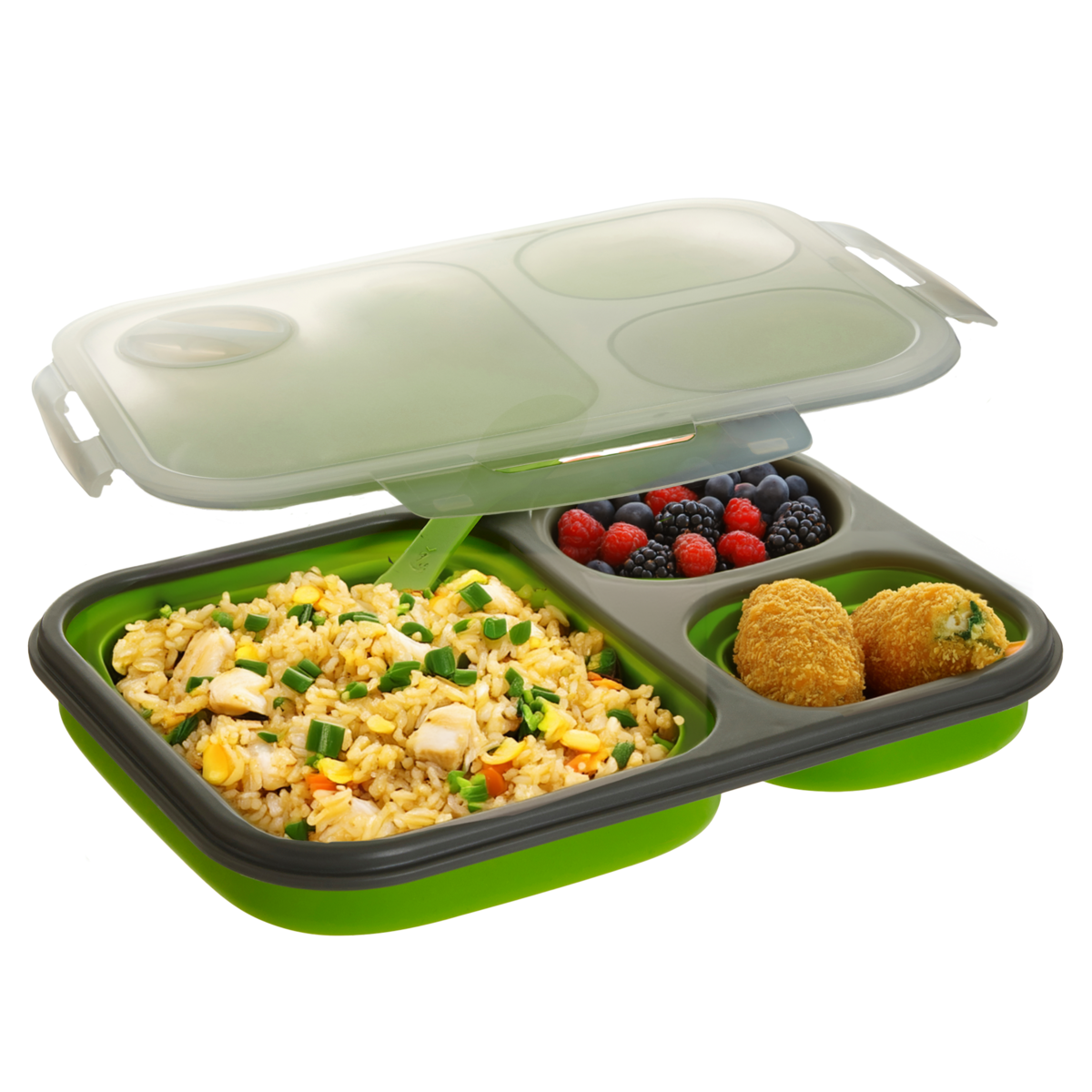Orsina Green Collapsible Lunch Box | 3-Compartment Bento with Spork
