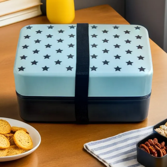 Orsina Two-Tier Stackable Lunch Box with Cutlery – Blue Star Pattern