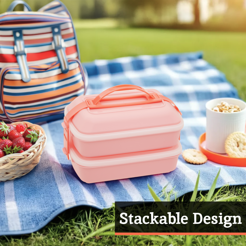 Orsina Grub Tub Pink Lunch Box with Cutlery | Dual Compartment Bento