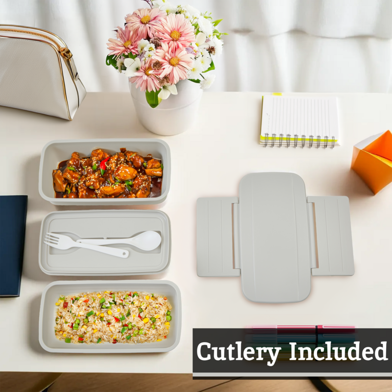 Orsina Grey Lunch Box with Cutlery – 2-Compartment Leakproof Bento