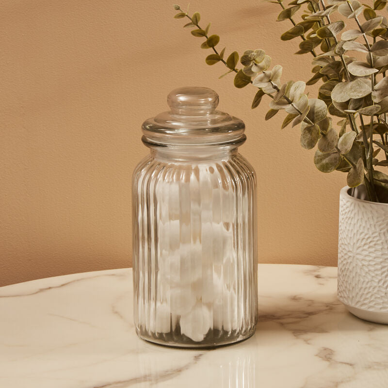 Orsina Abbie Ribbed Glass Storage Jar | 1300ml Bathroom Vanity Organizer