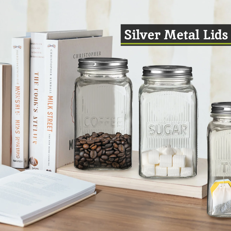 Orsina Luca Glass Tea Coffee Sugar Jars with Airtight Silver Lids