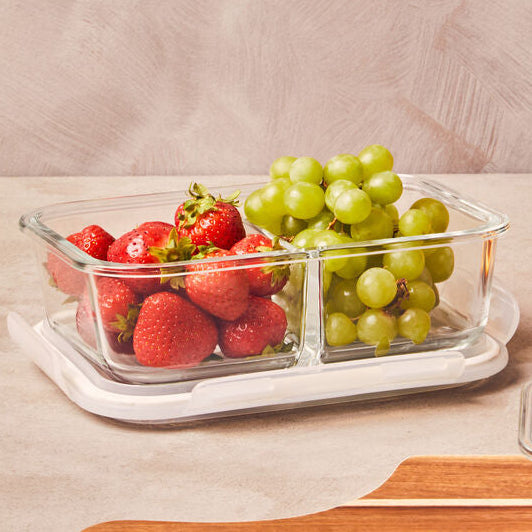 Orsina Freska 2 Section Rectangular Glass Food Container with Lid - 1040ml