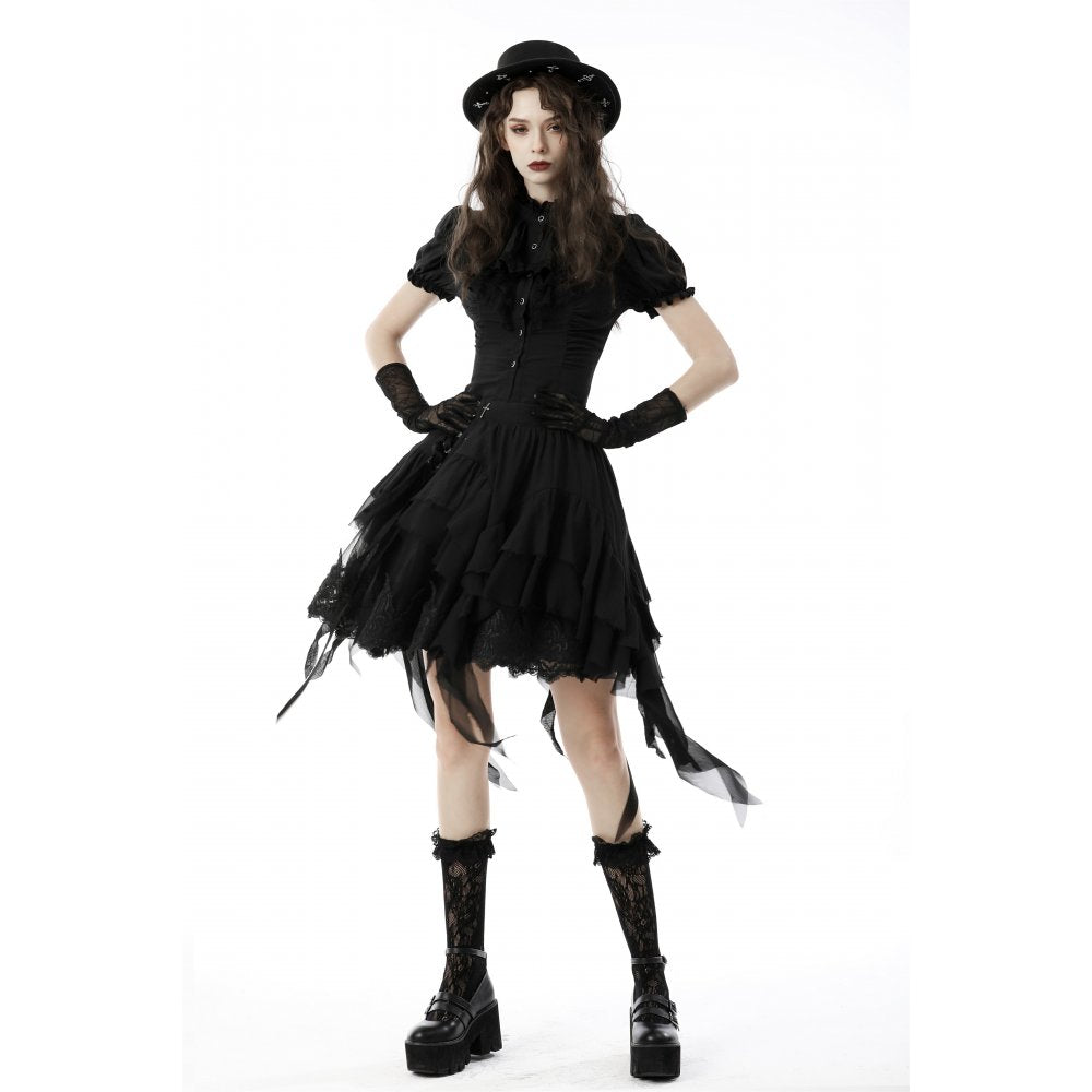 Dark In Love Sinead Black Gothic Blouse – Short Puff Sleeve Ruffle Collar