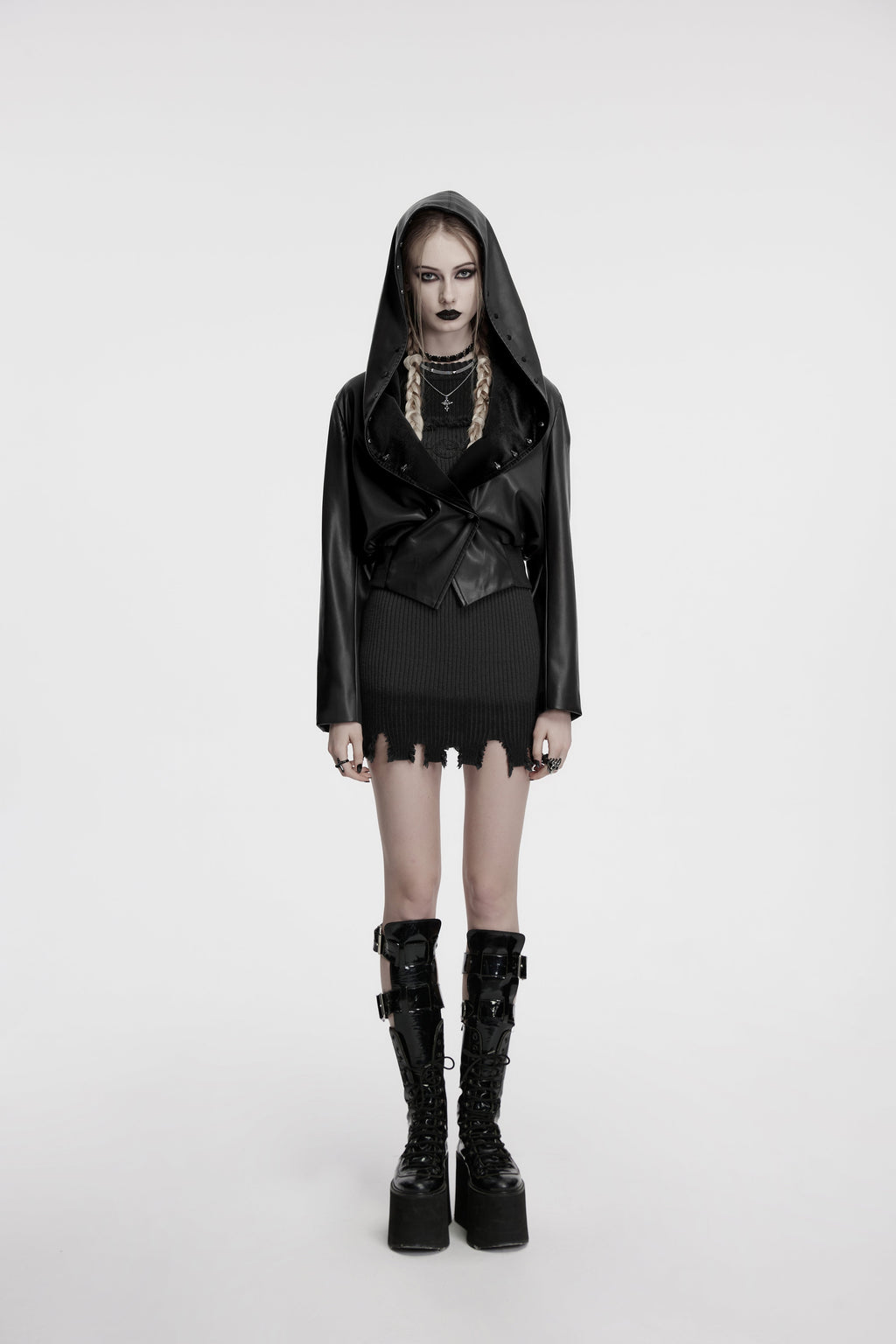 Punk Rave Nyx Hooded Faux Leather Jacket – Gothic Skull Studded Coat
