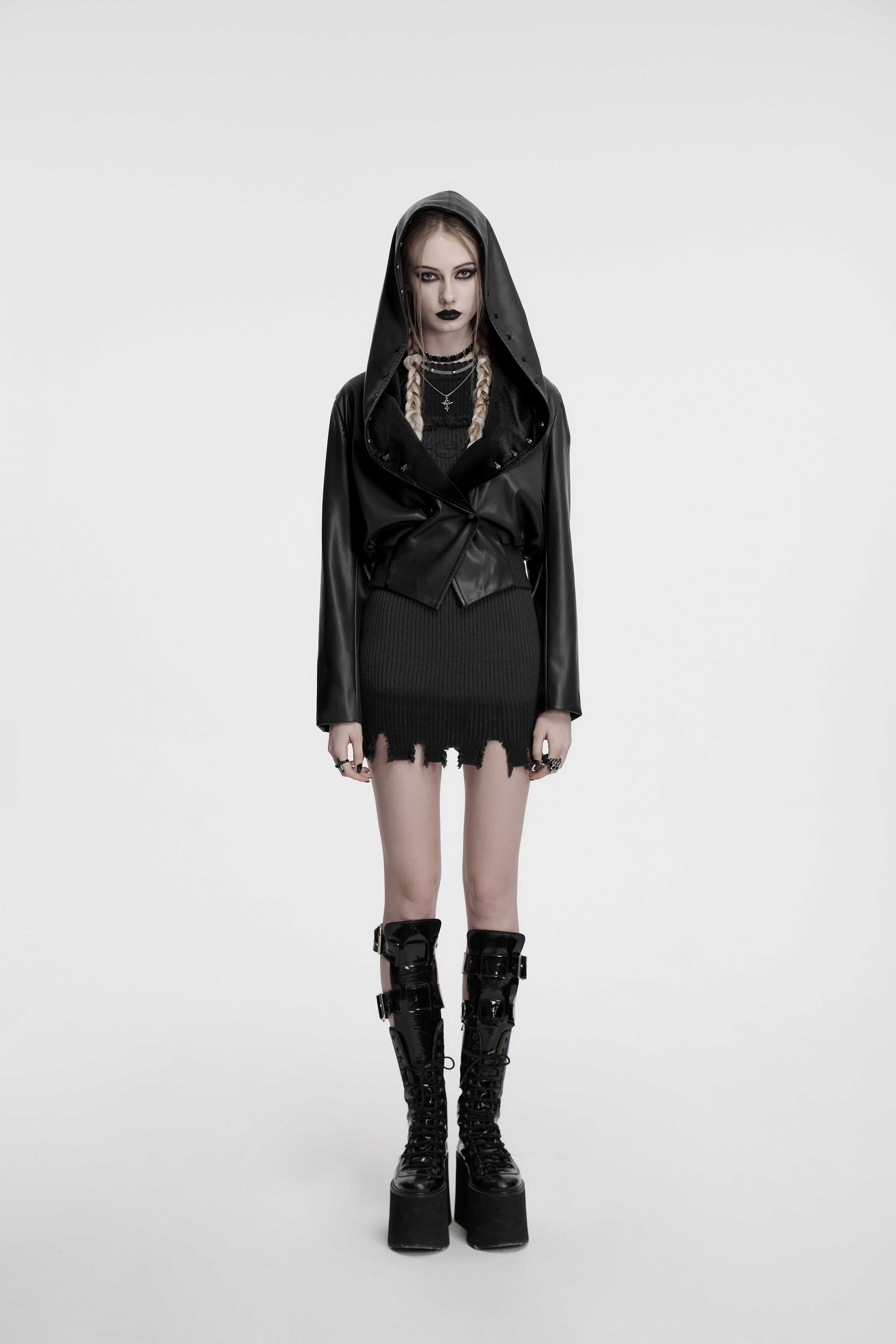 Punk Rave Nyx Hooded Faux Leather Jacket – Gothic Skull Studded Coat