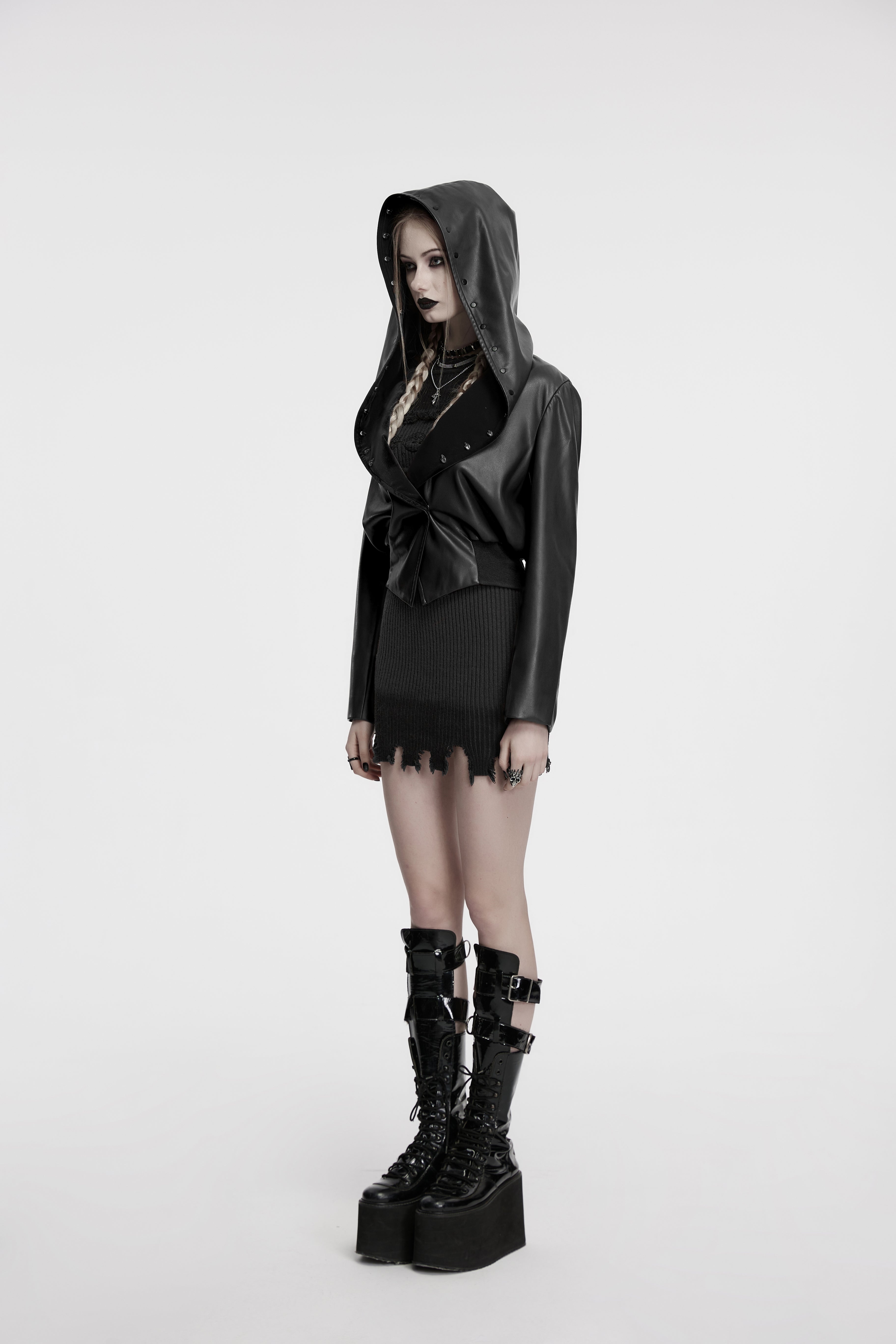 Punk Rave Nyx Hooded Faux Leather Jacket – Gothic Skull Studded Coat