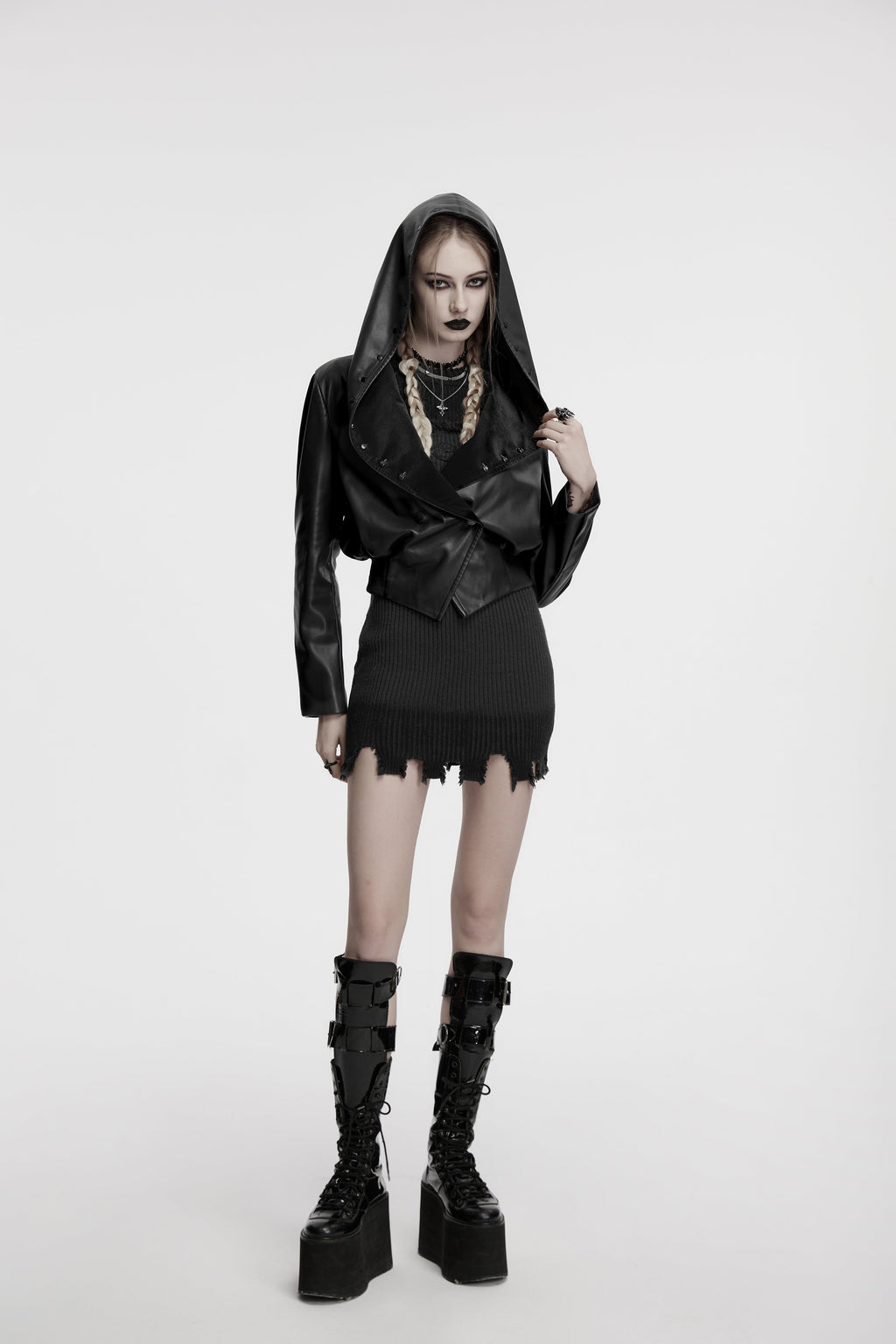 Punk Rave Nyx Hooded Faux Leather Jacket – Gothic Skull Studded Coat
