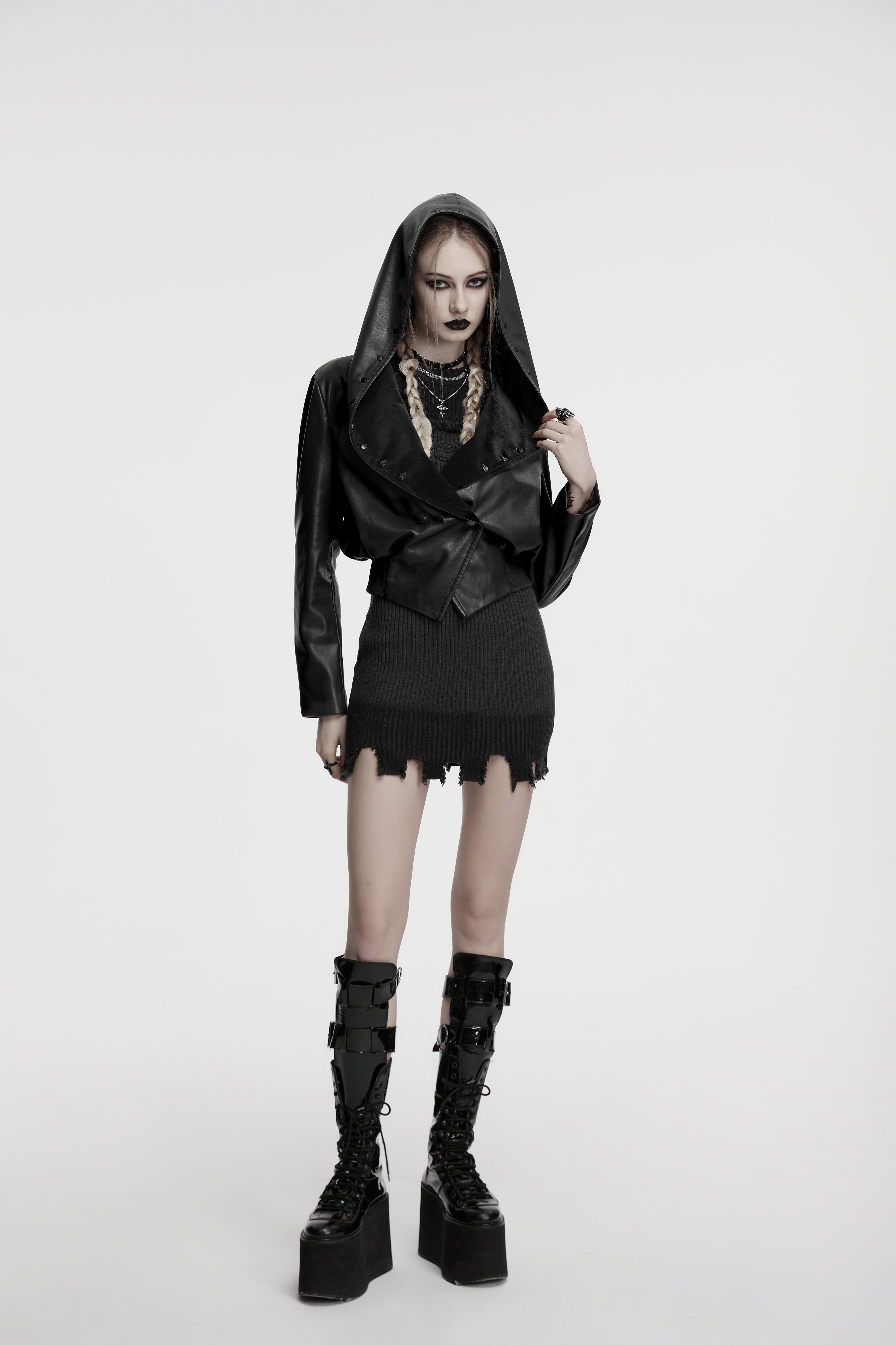 Punk Rave Nyx Hooded Faux Leather Jacket – Gothic Skull Studded Coat