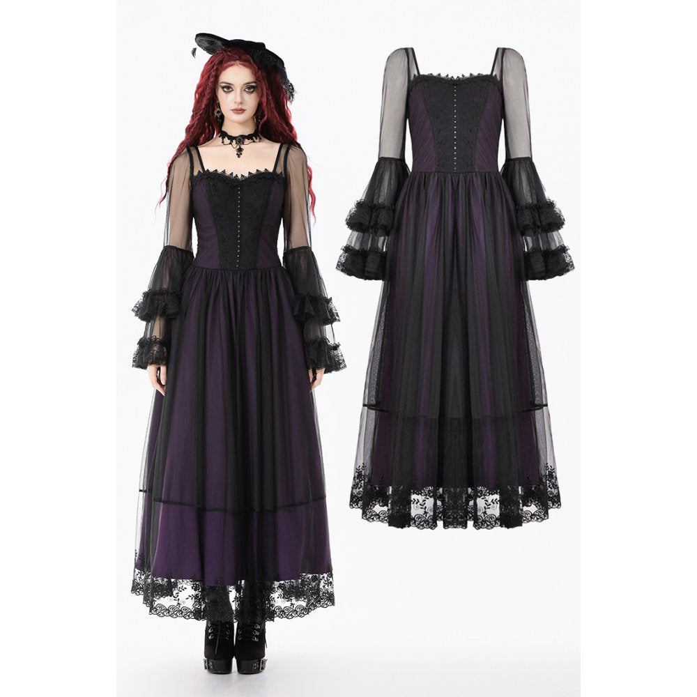 Dark in Love Lilith Gothic Maxi Dress – Black & Plum Bell Sleeve