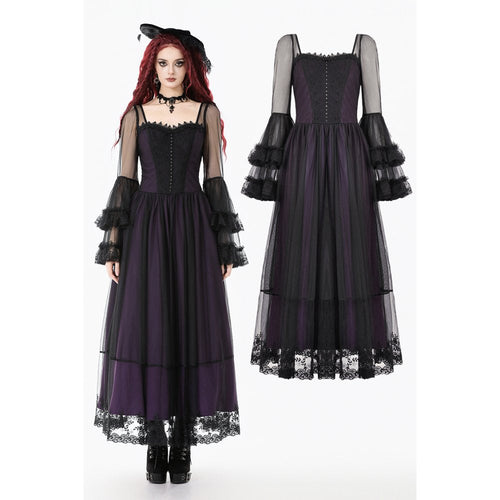 Dark in Love Lilith Gothic Maxi Dress – Black & Plum Bell Sleeve