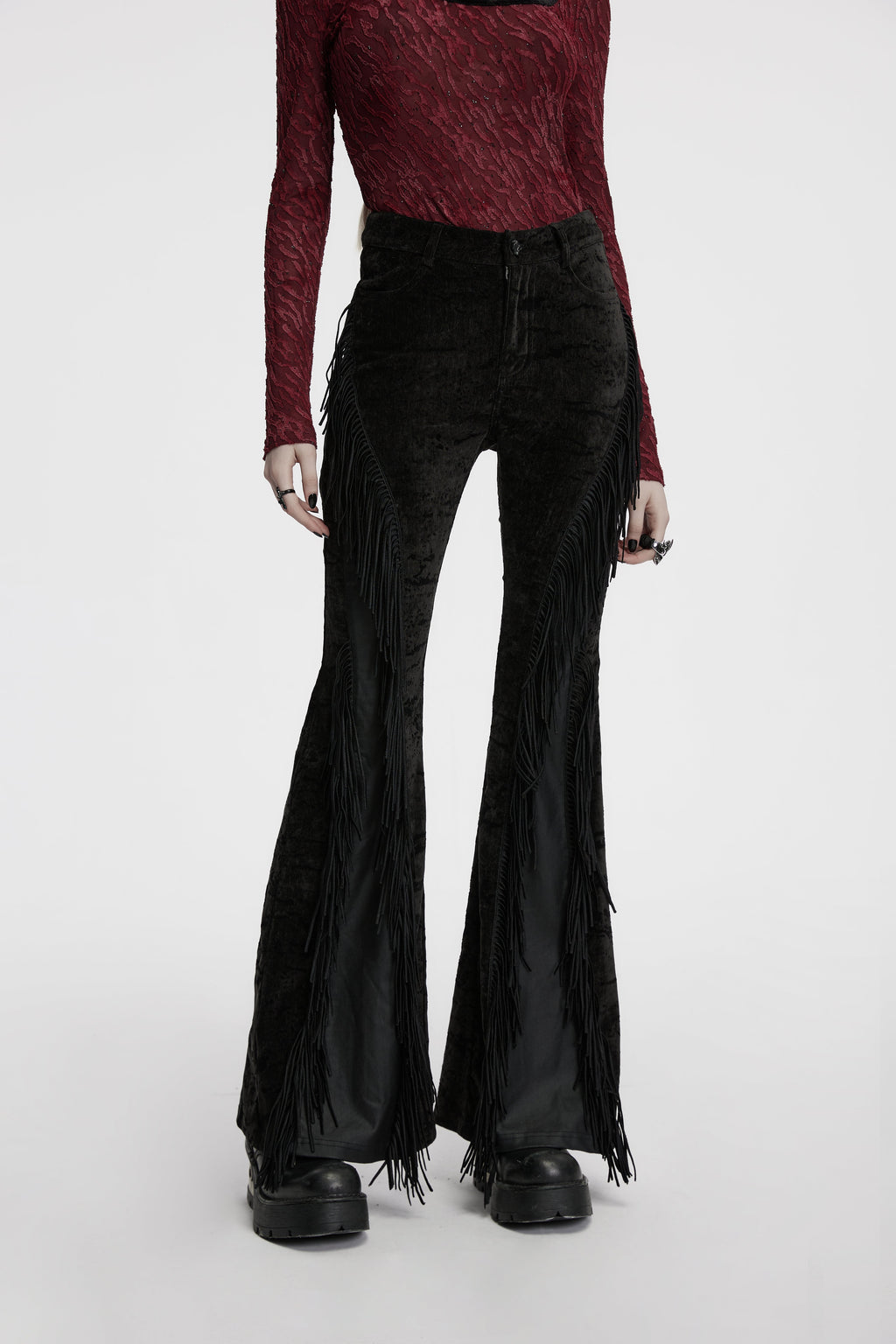 Punk Rave Morrigan Wasteland Tassel Goth Flare Trousers - Black